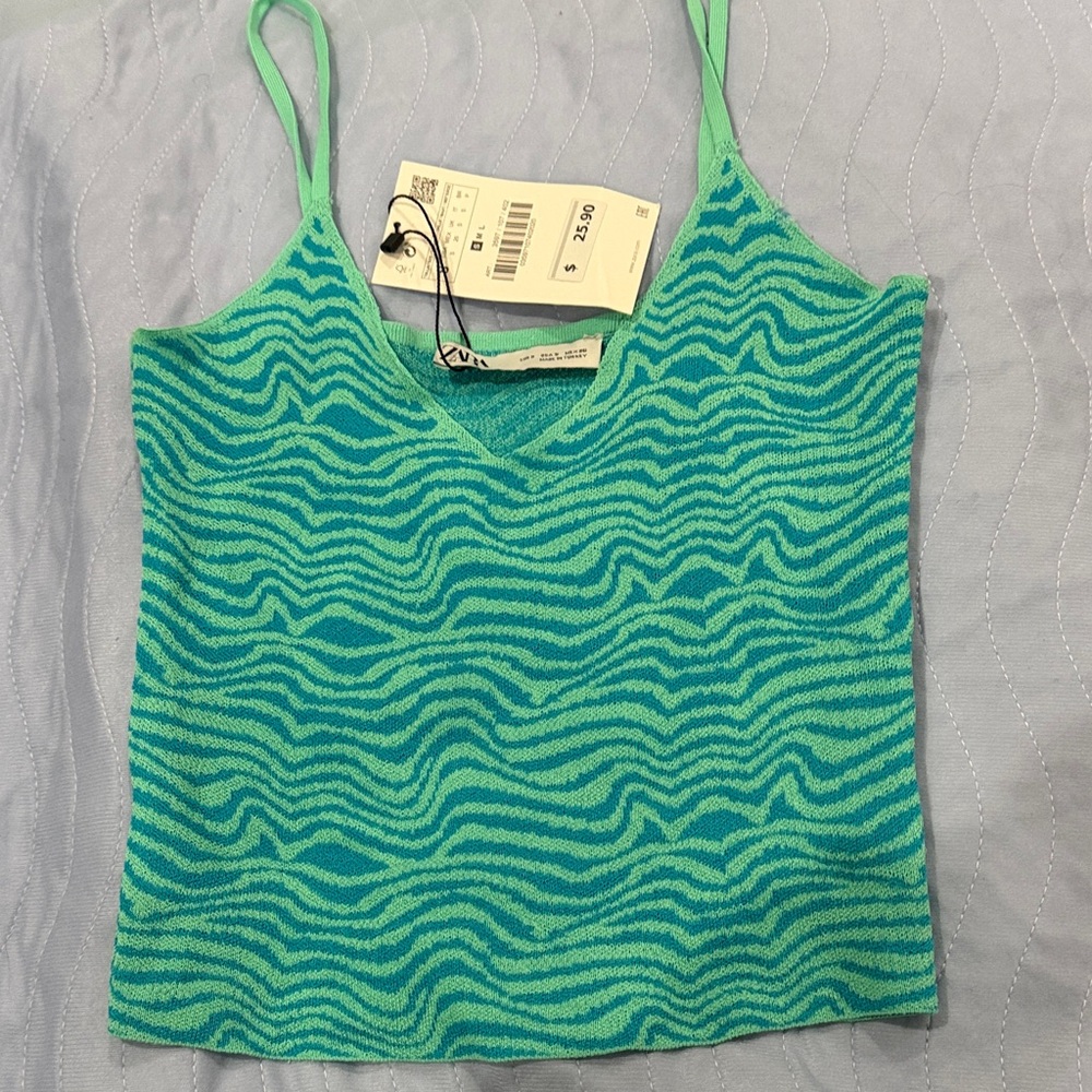 Zara Teal Wave-Print V-Neck Cami